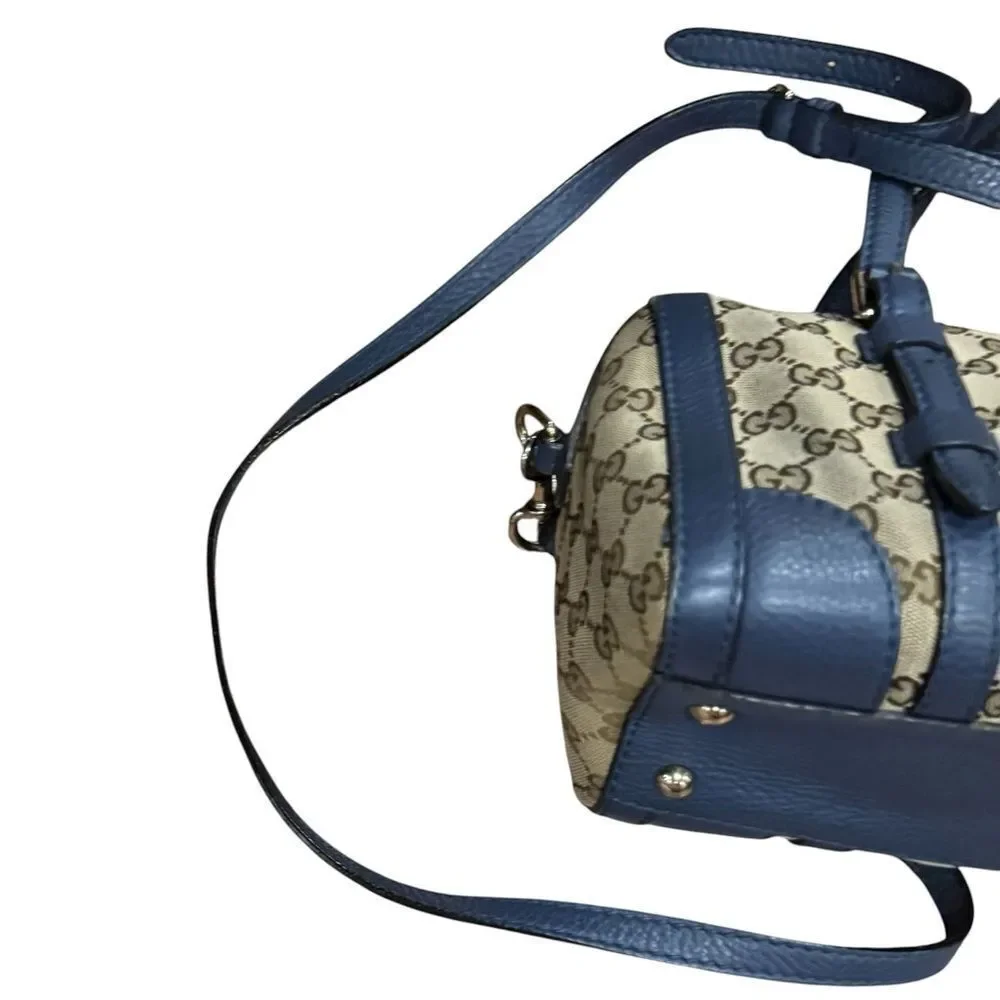 GUCCI Beige Brown GG Canvas Blue Leather Trim Small Belted 2way Boston Bag